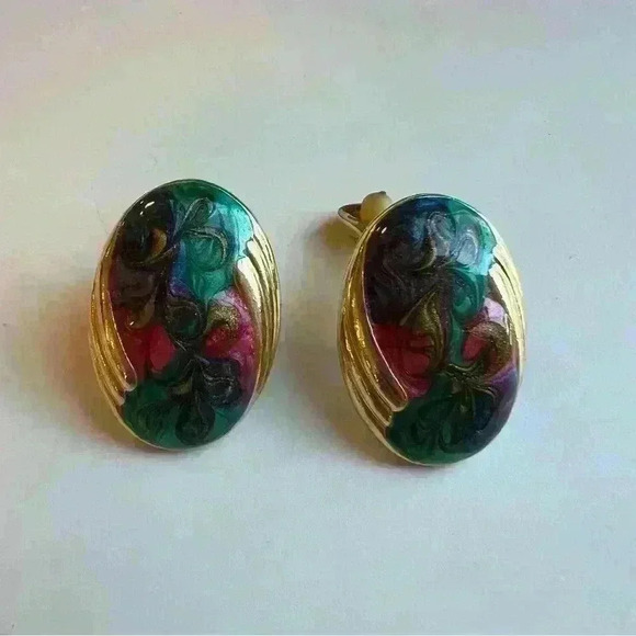 Vintage Enamel Gold Color Swirl Oval Clip-On Earrings - Picture 2 of 6
